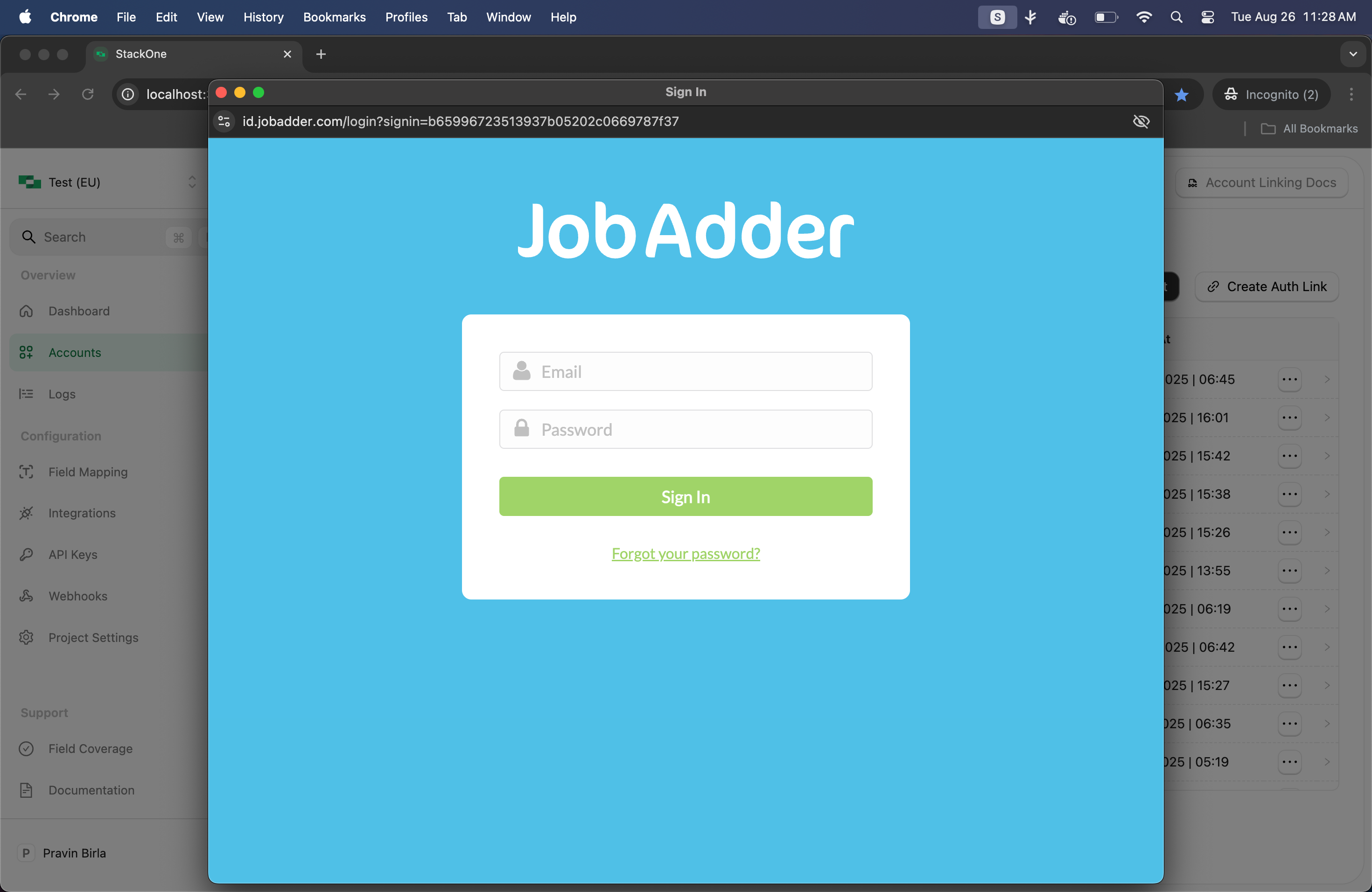 JobAdder authorisation window